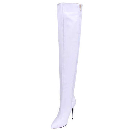 Stunning white women's over the knee boots with high stiletto heels and zipper closure
