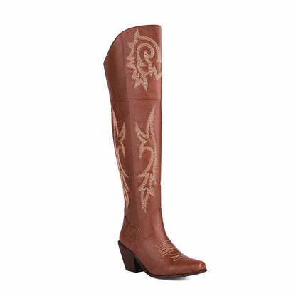 Brown women's over the knee cowboy boots with intricate embroidery and stylish heel