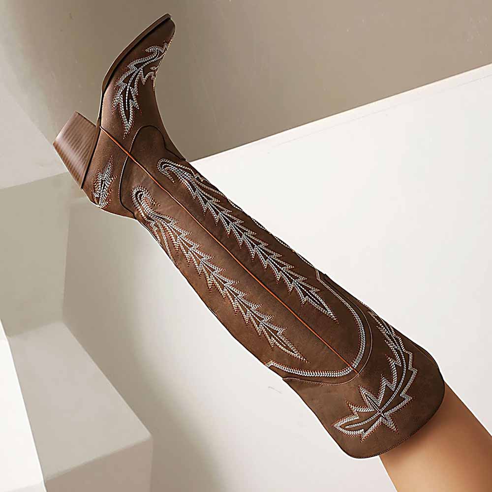 Stylish women's over the knee cowboy boots with intricate embroidery and a comfortable heel