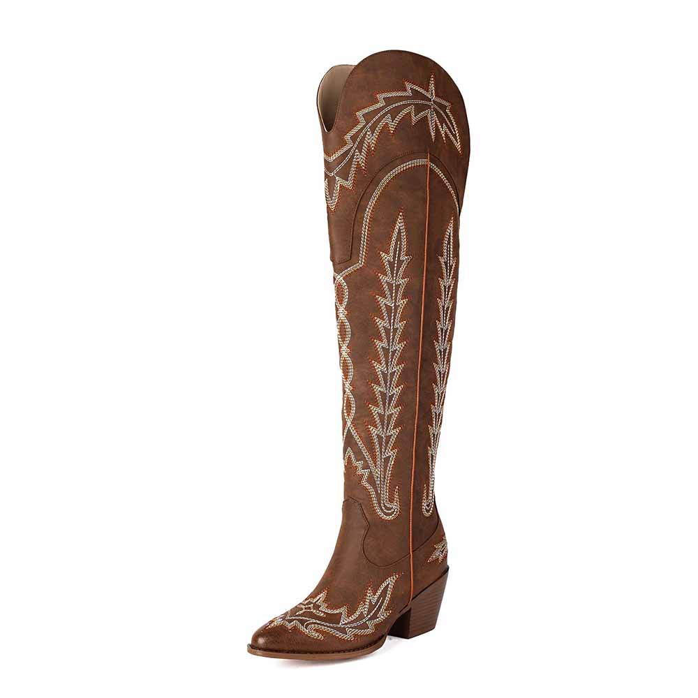 Stylish women's over the knee cowboy boots in brown with intricate stitching for a fashionable look