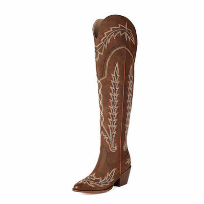 Stylish women's over the knee cowboy boots in brown with intricate stitching for a fashionable look