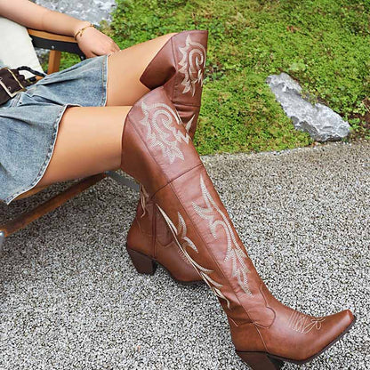 Stylish women's over the knee cowboy boots in brown with intricate embroidery for a trendy look