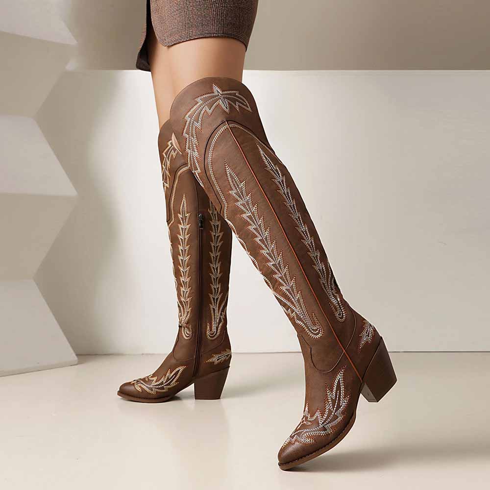 Stylish women's over the knee cowboy boots with intricate embroidery and a block heel