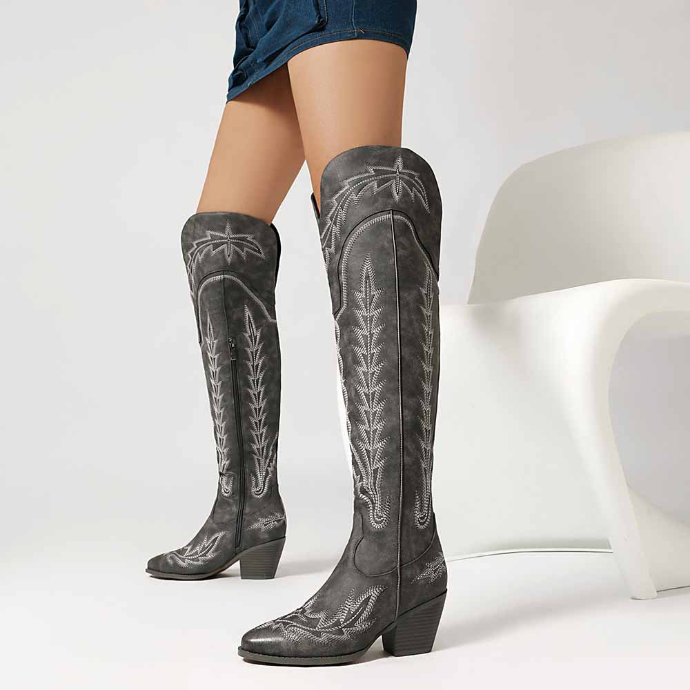Stylish women's over the knee cowboy boots in gray featuring intricate embroidery and a stylish heel