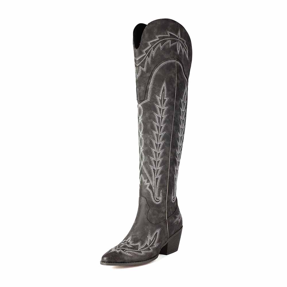 Stylish women's over the knee cowboy boots in gray with intricate stitching detail