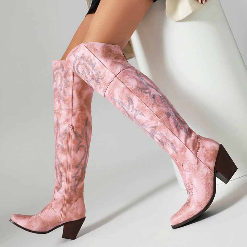 Pink women's over the knee cowboy boots with stylish embossed design and block heel