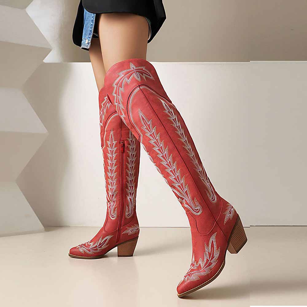 Stylish women's over the knee cowboy boots in red with intricate embroidery and stacked heels