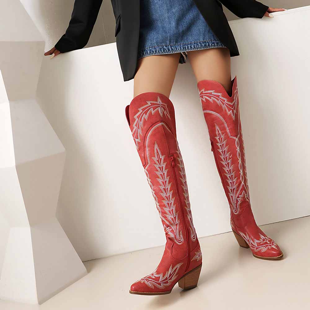 Stylish women's over the knee cowboy boots in red with intricate stitching and a trendy design