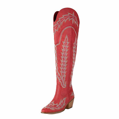 Stylish women's over the knee cowboy boots in red with intricate embroidery detail