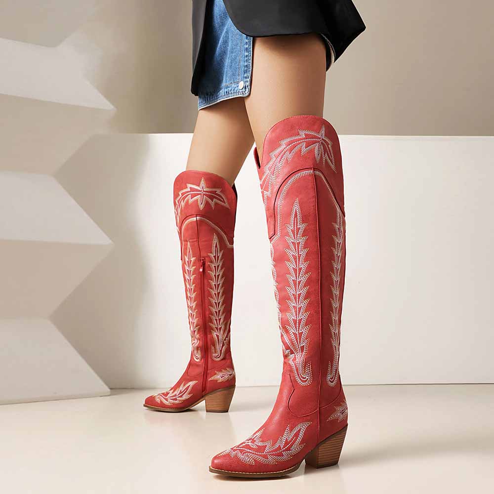 Stylish women's over the knee cowboy boots in red with intricate stitching and a chic design