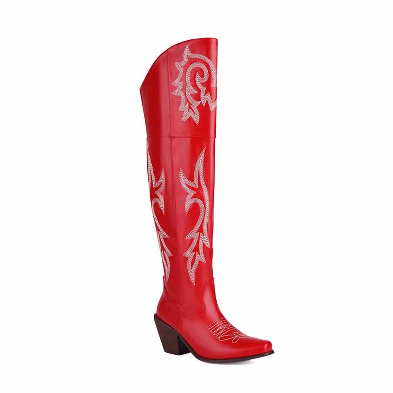 Red women's over the knee cowboy boots with intricate stitching and a stylish heel