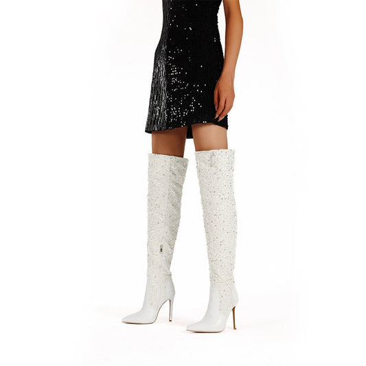 Women's over the knee glitter boots in white, stylish and perfect for evening outfits