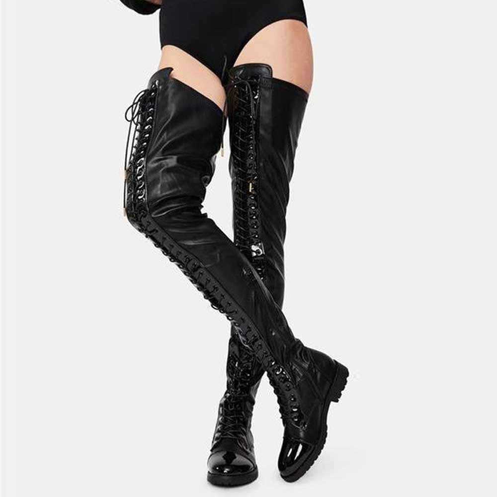 Sleek black women's over the knee lace up boots featuring bold lace detailing and a stylish design