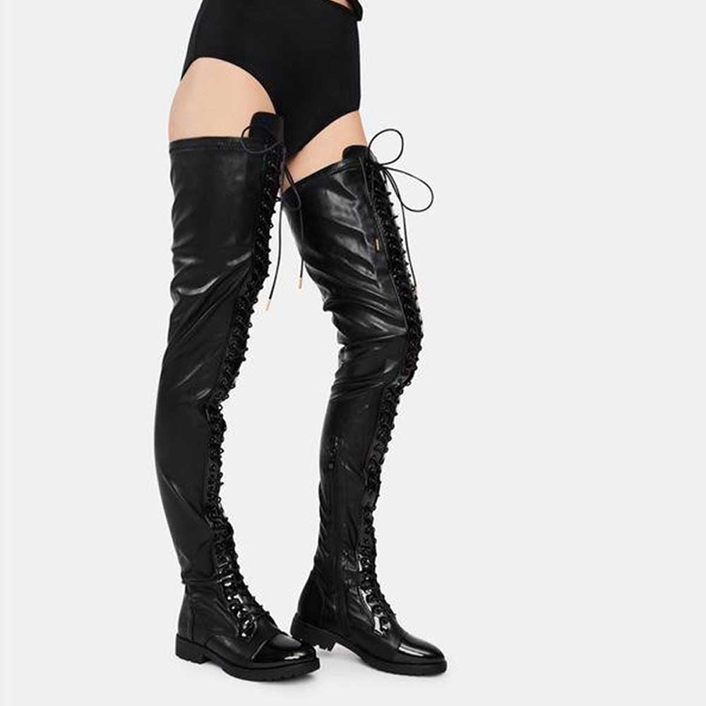Stylish women's over the knee lace up boots in black with a sleek, modern design and lace detailing