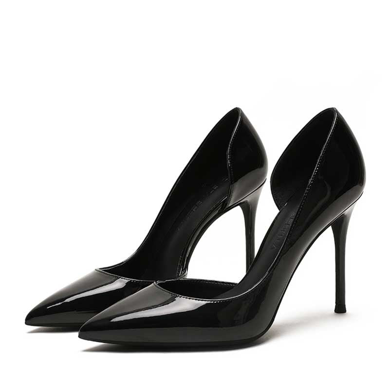 Elegant women's patent leather party heels in black with a sleek pointed toe and high stiletto heel