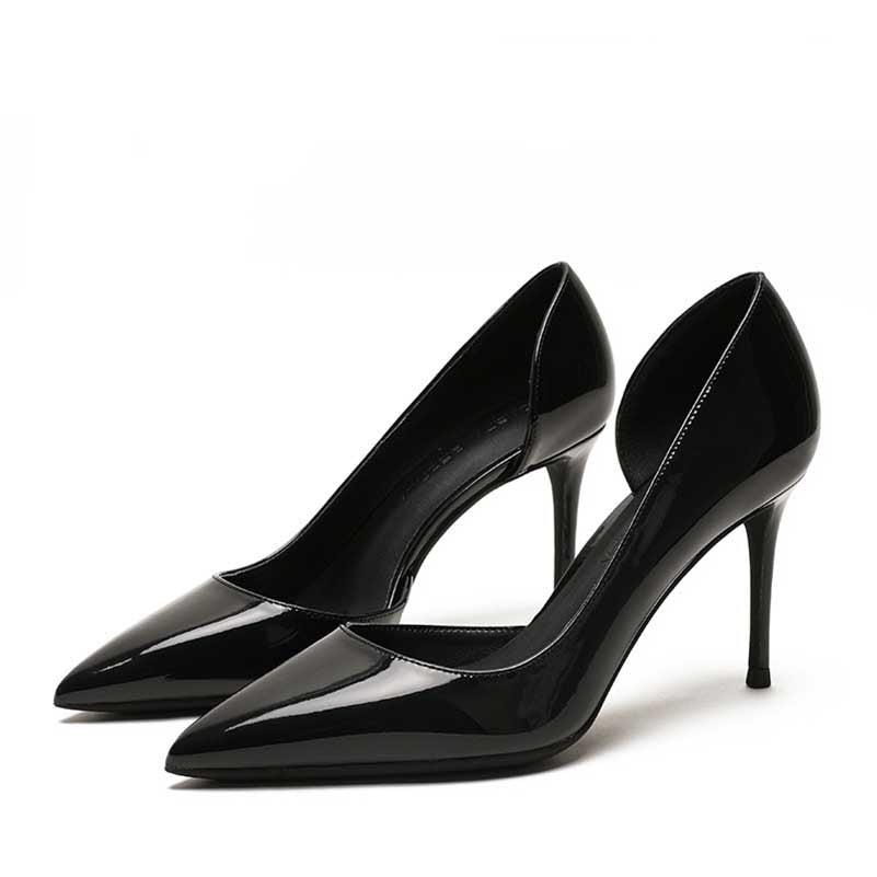 SD Dresscode women's patent leather party heels in sleek black with pointed toes and high stiletto heels
