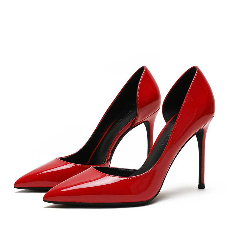 Bold red women's patent leather party heels with a sleek pointed toe design for stylish occasions