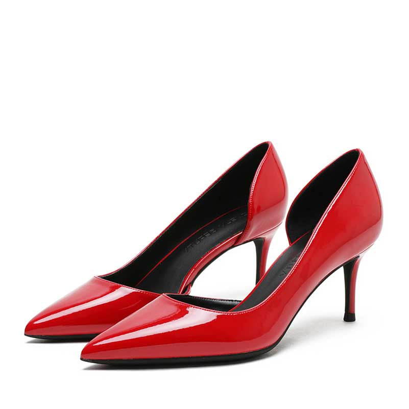Women's patent leather party heels in vibrant red with a sleek pointed toe design
