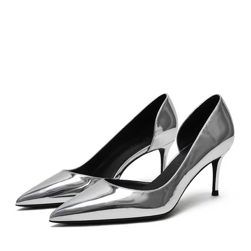 Women's patent leather party heels in shiny silver with sleek pointed toe design