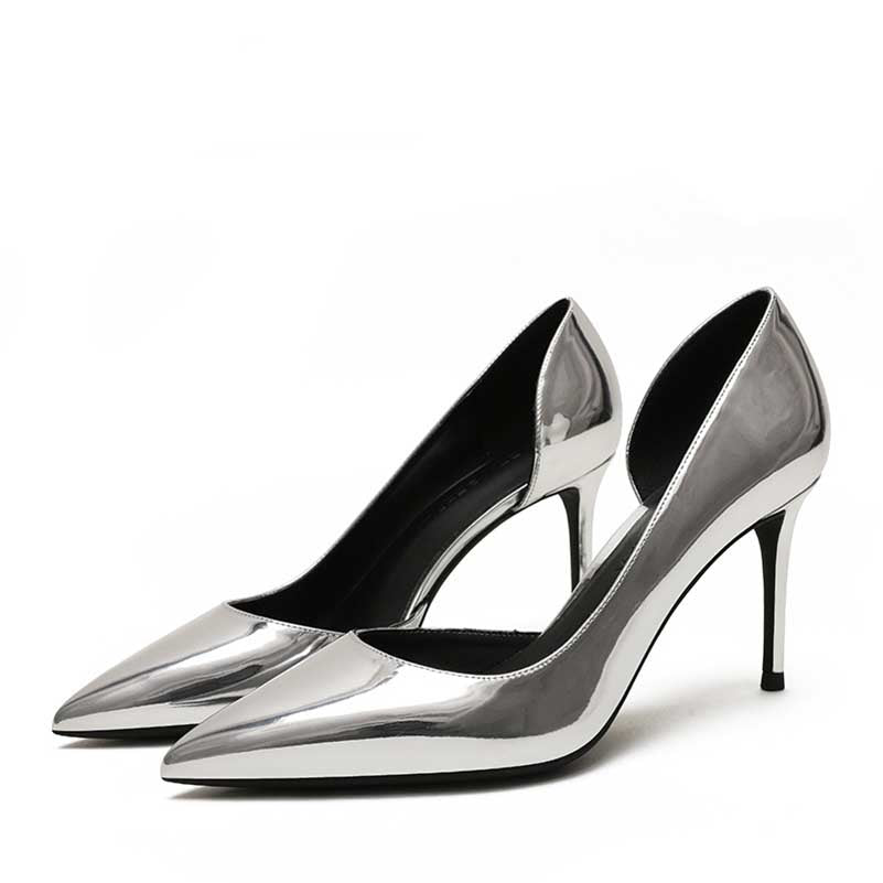 Stylish women's patent leather party heels in silver with a sleek pointed toe design