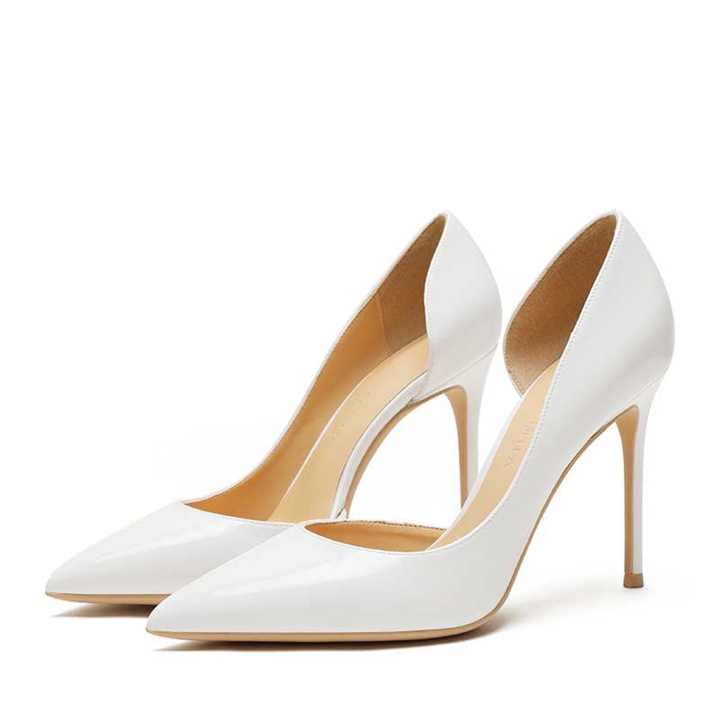 Elegant women's patent leather party heels in white with a pointed toe and slim stiletto heel