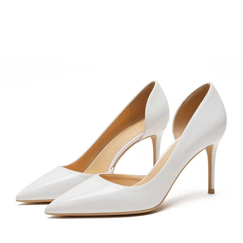 Elegant white women's patent leather party heels with a pointed toe and high stiletto design