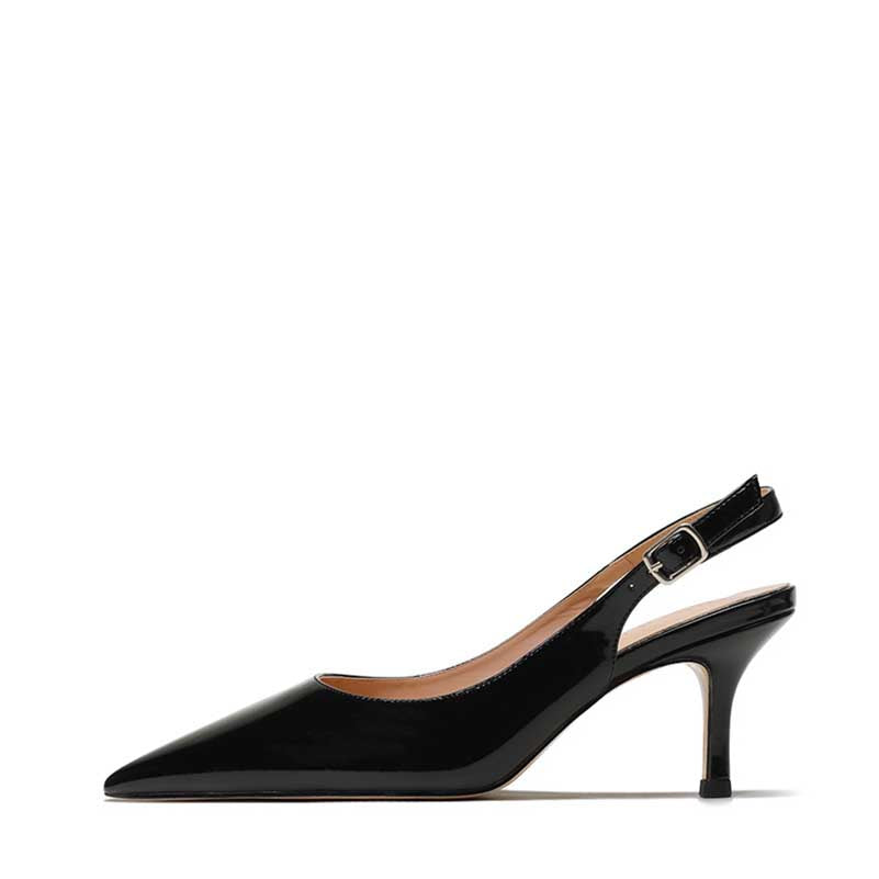 Women's patent leather slingback heels with a sleek pointed toe and a comfortable heel
