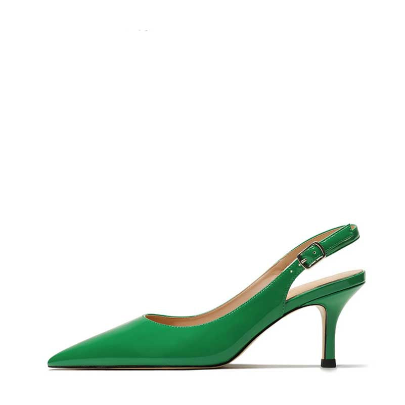 Women's patent leather slingback heels in vibrant green with a stylish pointed toe and adjustable strap