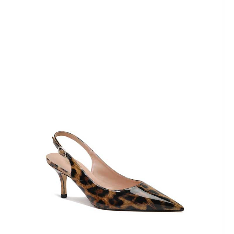 Women's patent leather slingback heels in leopard print with pointed toe design