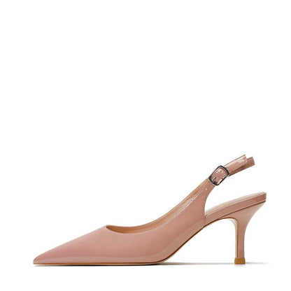 Elegant women's patent leather slingback heels in blush pink with a pointed toe and slender heel