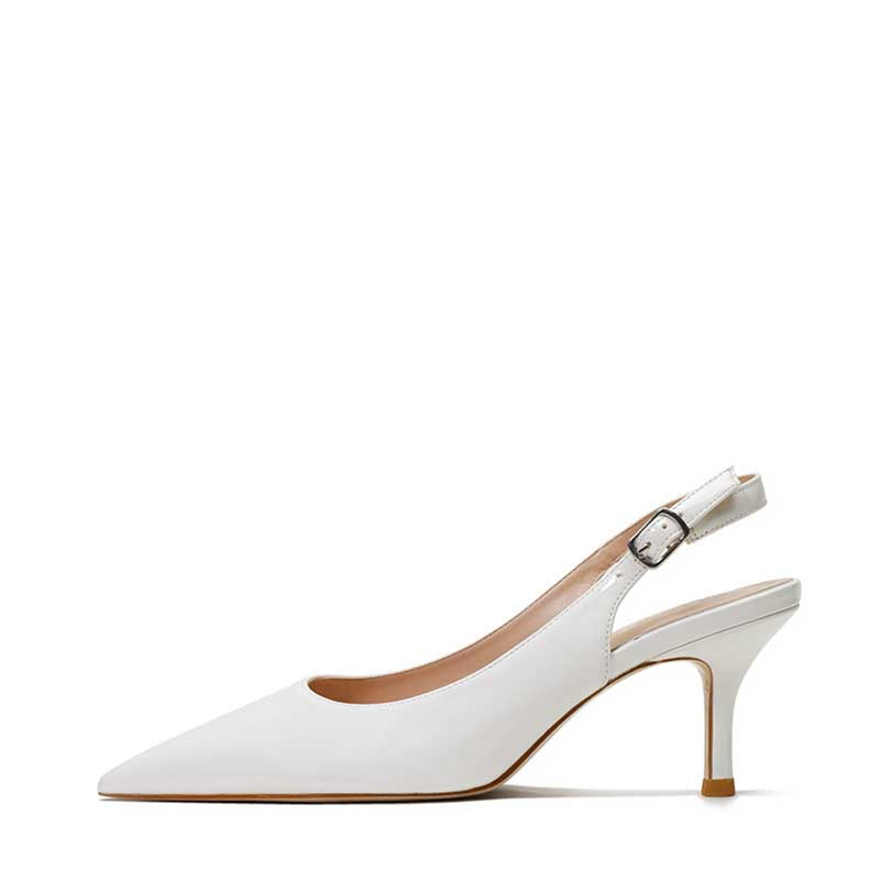 Women's patent leather slingback heels in white with a stylish pointed toe design
