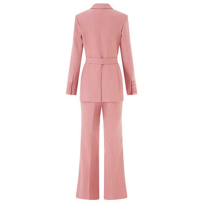 Back view of women's pink pantsuit for formal events with tailored fit and stylish design