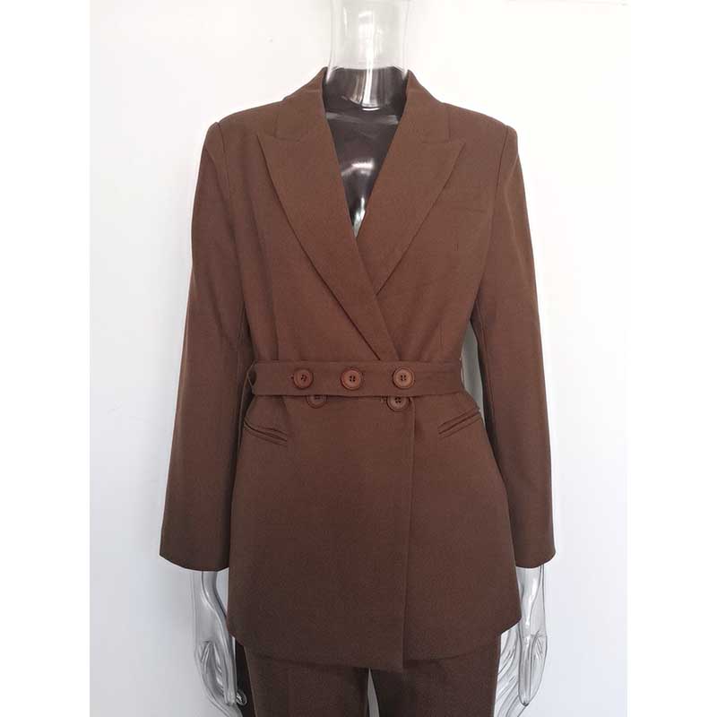 Stylish brown pant suit featuring a tailored blazer with button details, perfect for women's pink pantsuit for formal events.