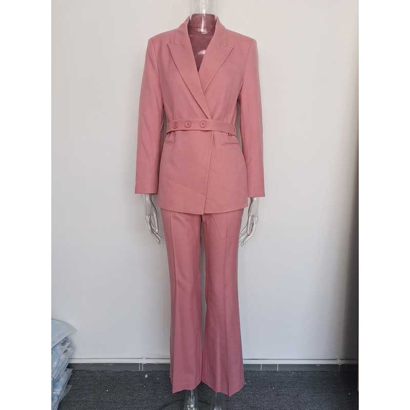 Women's pink pantsuit for formal events featuring a stylish belted blazer and tailored trousers