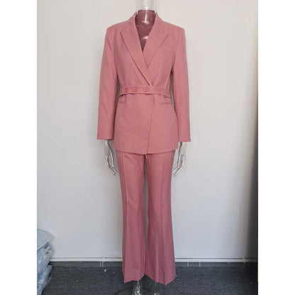 Women's pink pantsuit for formal events featuring a stylish belted blazer and tailored trousers
