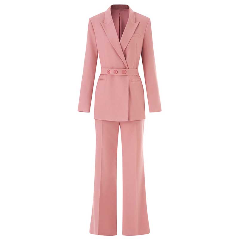 Stylish women's pink pantsuit for formal events featuring a fitted blazer and wide-leg trousers
