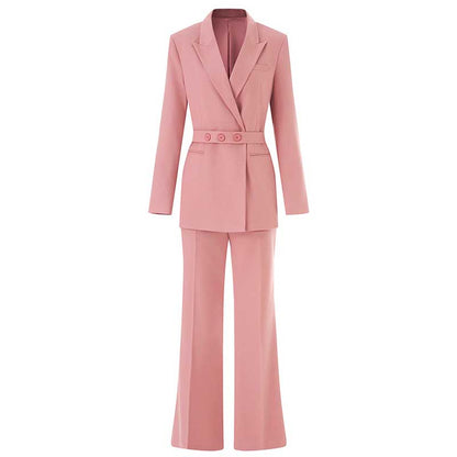 Stylish women's pink pantsuit for formal events featuring a fitted blazer and wide-leg trousers