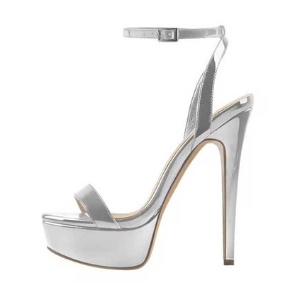 stylish women's platform heels for formal events with a shiny silver finish and ankle strap
