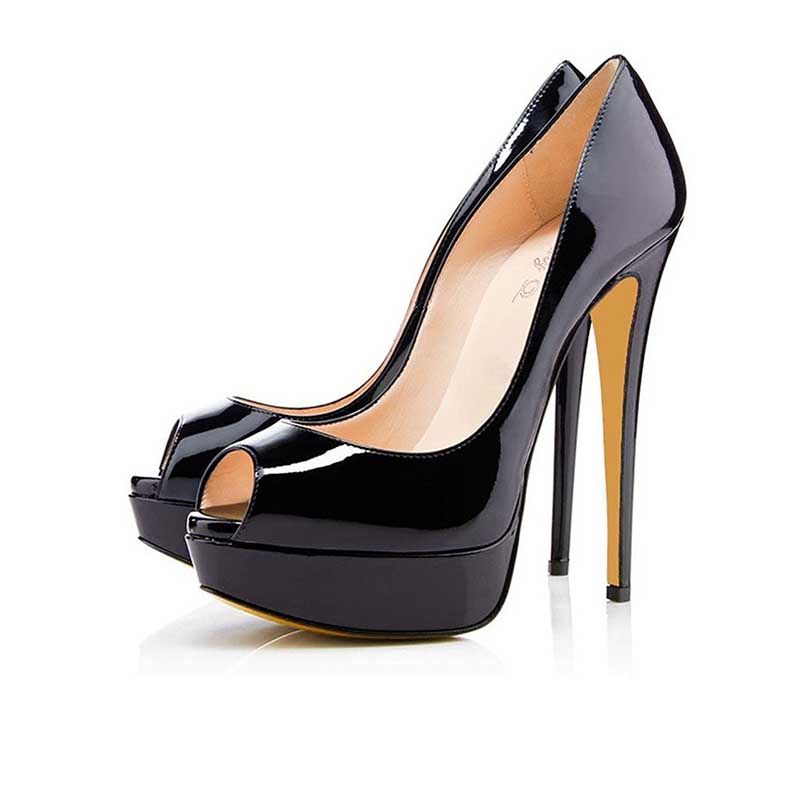 Women's platform peep toe pumps in sleek black patent leather with high heels