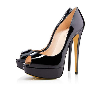 Women's platform peep toe pumps in sleek black patent leather with high heels