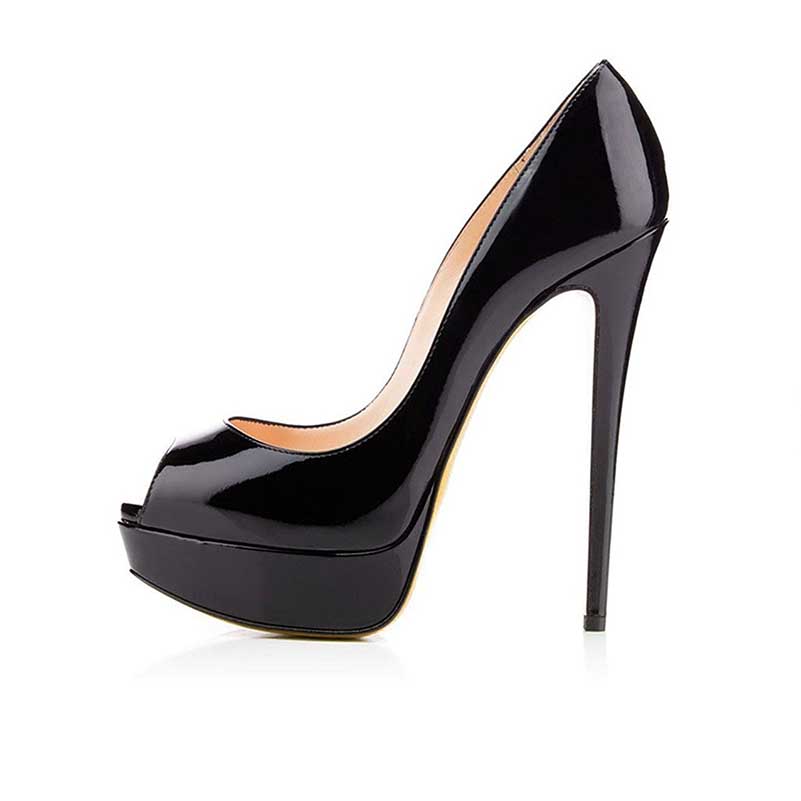 Women's platform peep toe pumps in glossy black with high stiletto heel