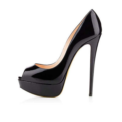 Women's platform peep toe pumps in glossy black with high stiletto heel