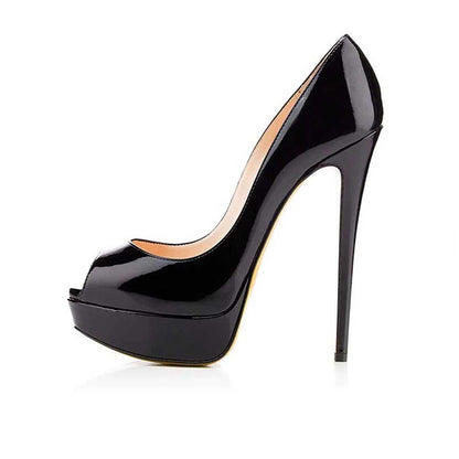 Women's platform peep toe pumps in black patent leather with a sleek design
