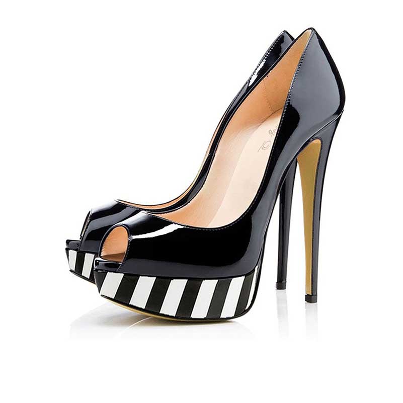 Stylish women's platform peep toe pumps with a glossy black finish and striped platform design