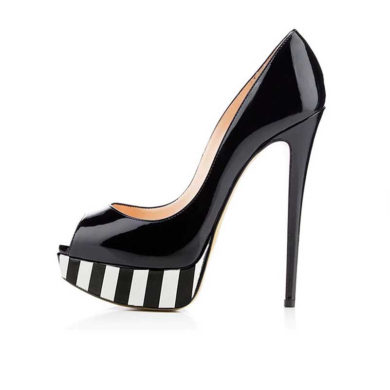 Women's platform peep toe pumps in glossy black with striped platform for stylish elegance