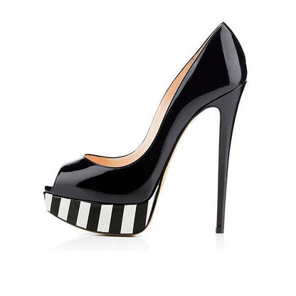 Women's platform peep toe pumps in glossy black with striped platform for stylish elegance