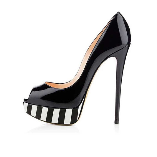 Women's platform peep toe pumps in glossy black with striped platform for stylish elegance