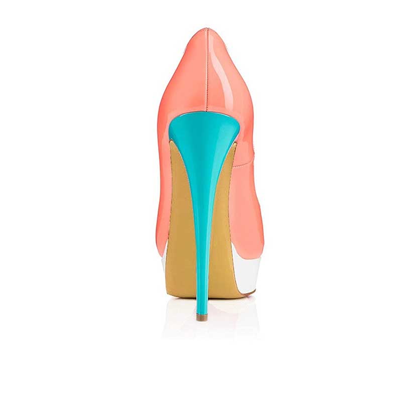Women's platform peep toe pumps in pink and turquoise with a sleek high heel design