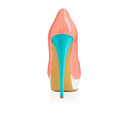 Women's platform peep toe pumps in pink and turquoise with a sleek high heel design