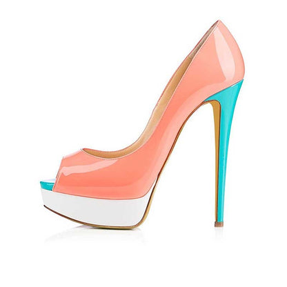 Stylish women's platform peep toe pumps in coral and teal with a glossy finish